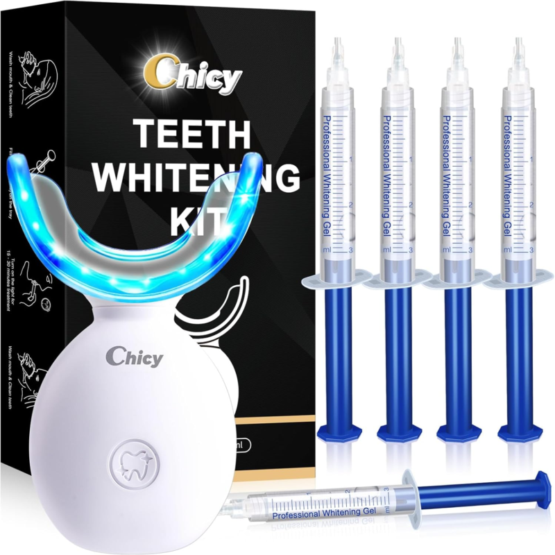 Teeth Whitening Kit with LED Light, 5×Whitening Gel, Safe, Gentle Oral Care, Removes Coffee/Smoke Stains, Travel-Friendly Design